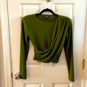 Express emerald green cropped draped long sleeve top